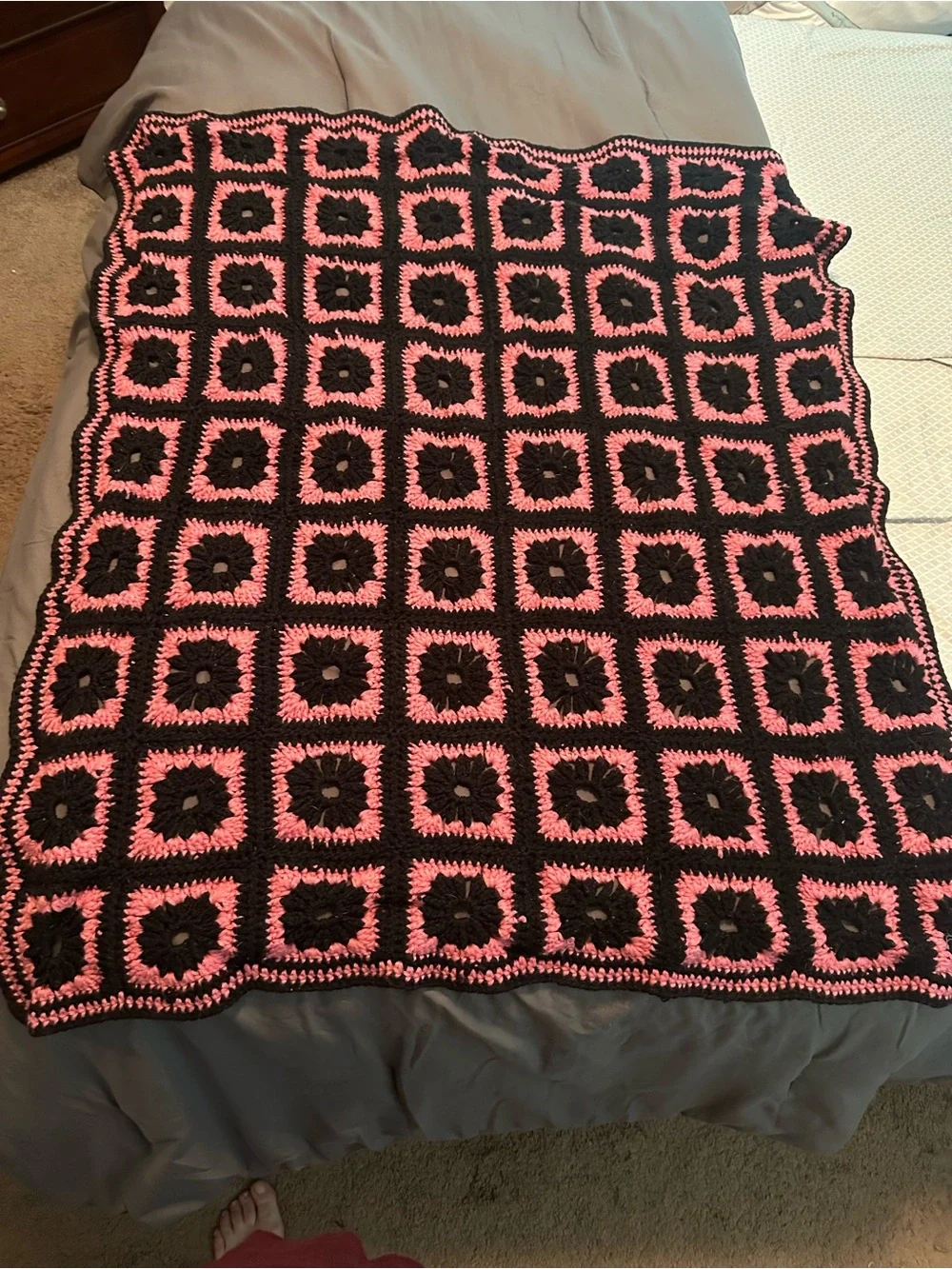 Handmade Crochet Granny Square Blanket - Black & Pink